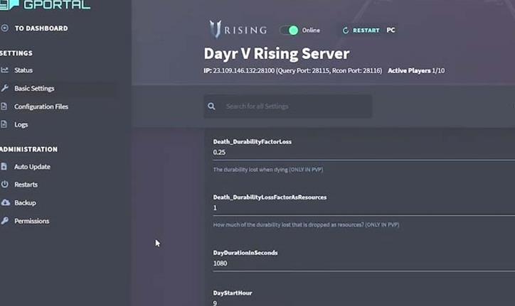 V Rising Dedicated Private Server-Einstellungen ändern